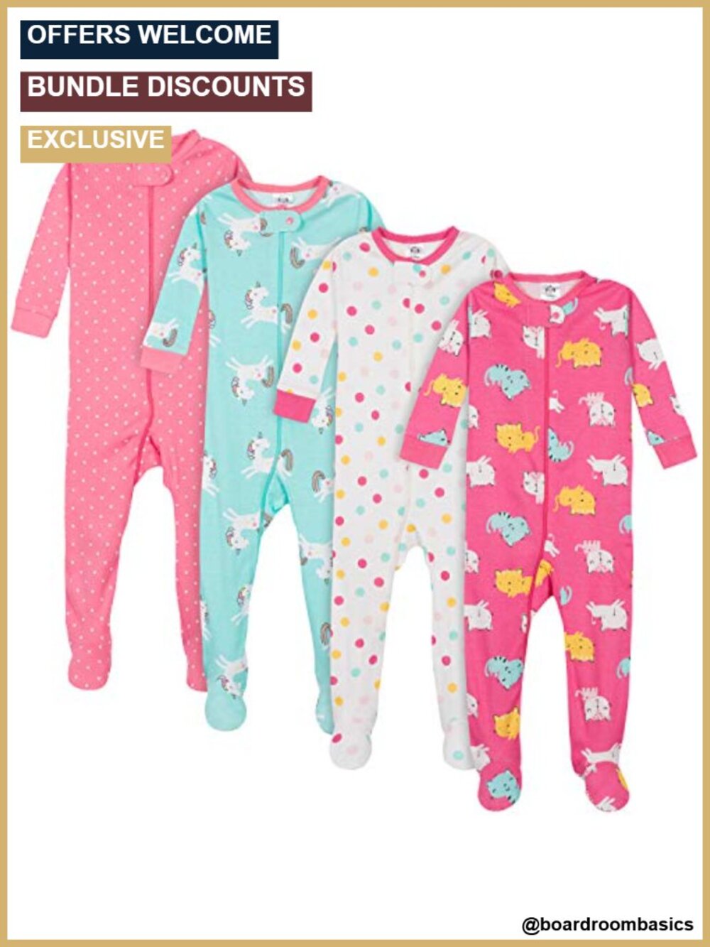 4-Pack Baby Girls Footed Pajamas 100% Cotton Snug Fit Zip Sleepers